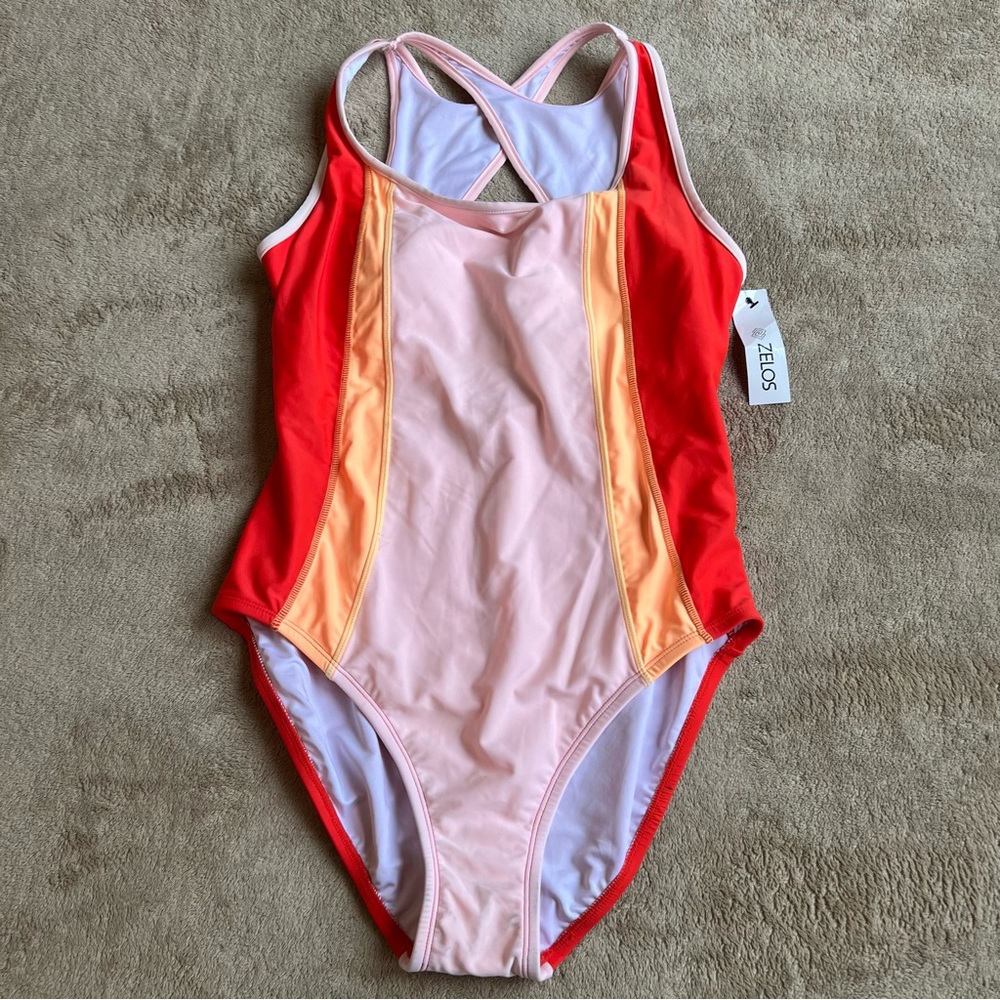 NWT! ZELOS | Womens Orange Body Contour One Piece Swimsuit with Bra-Shelf Size L
